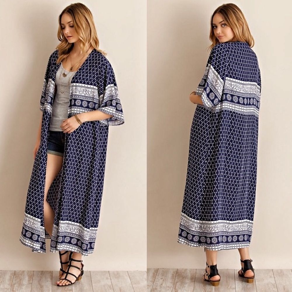 Kimono Duster Cardigan Navy White Floral Small Paisley Boho Rayon